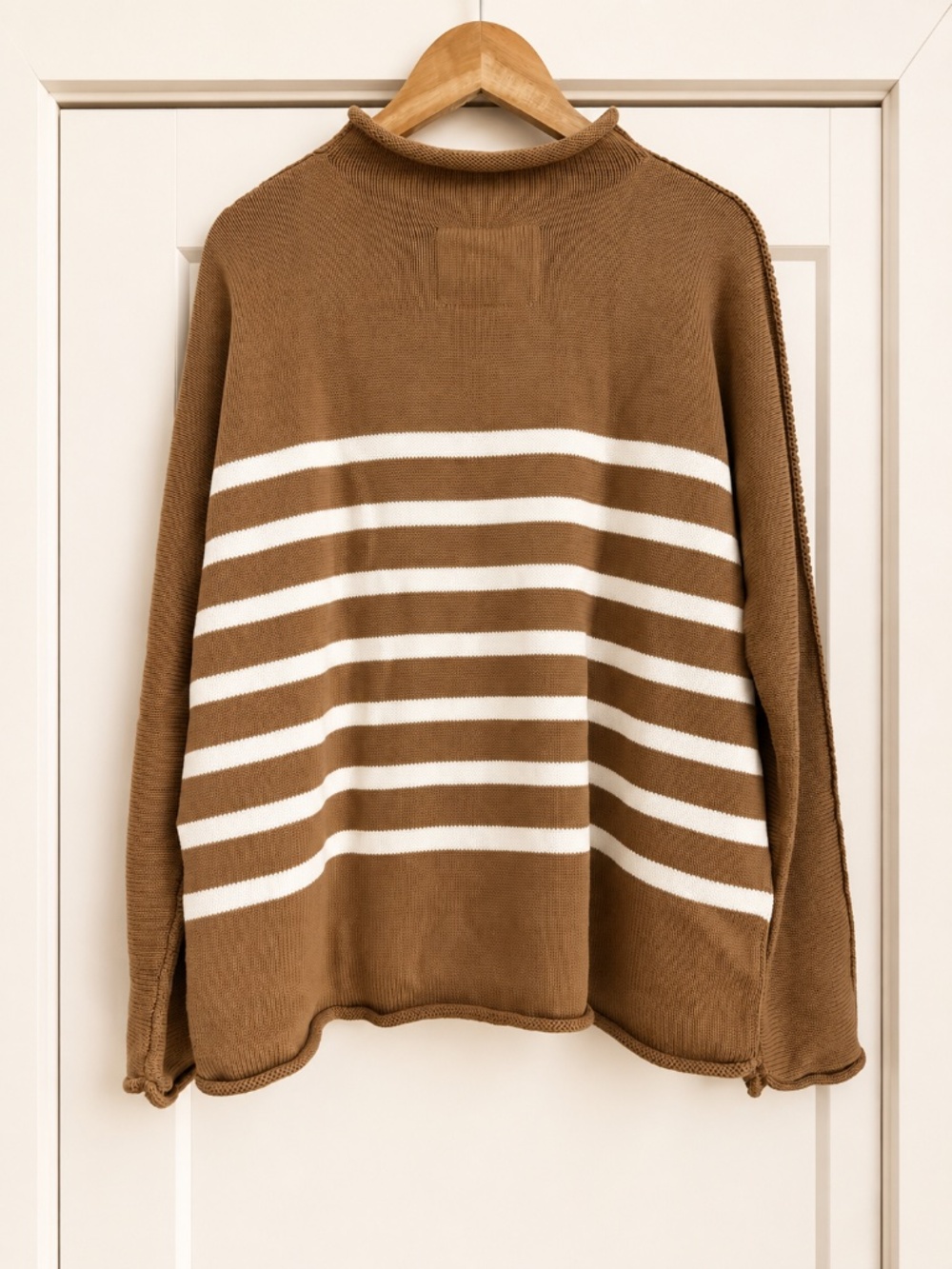 NEW Frank & Eileen Monterey Cotton Sweater in Camel Cream Stripe, Medium - Picture 3 of 10